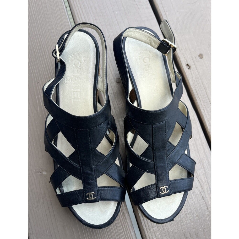 CHANEL Women's Gold Logo Leather Platform Wedge Sandals Black Size US 7.5